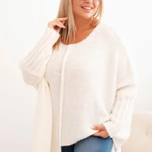 Moteriškas Plus Size megztinis su akrilo, laisvo kirpimo ir 3/4 ilgio rankovėmis ecru