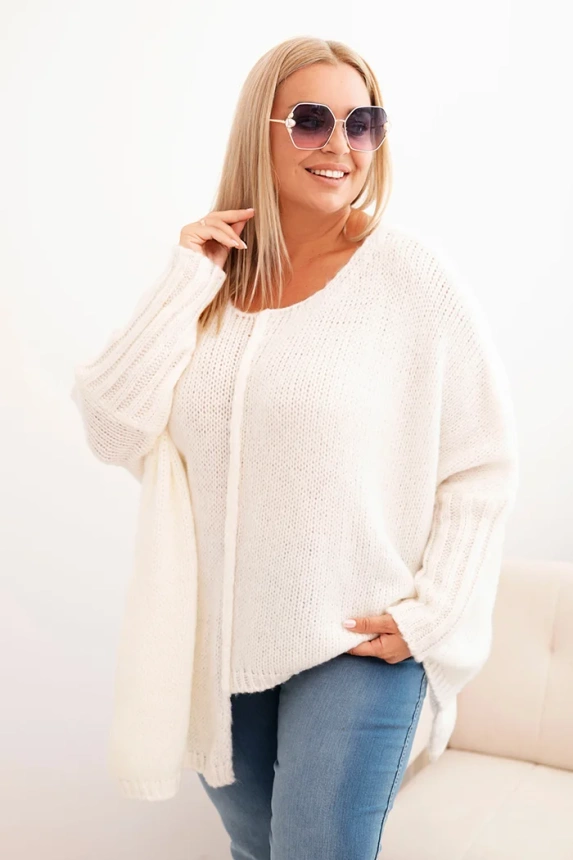 34143_3 Moteriškas Plus Size megztinis su akrilo, laisvo kirpimo ir 3/4 ilgio rankovėmis ecru