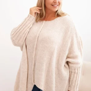 Moteriška Plus Size megztinis su akrilo, laisvo kirpimo ir 3/4 rankovėmis bežinis