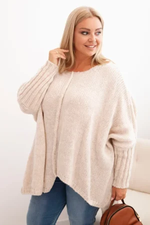 Moteriška Plus Size megztinis su akrilo, laisvo kirpimo ir 3/4 rankovėmis bežinis