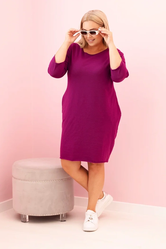 34158_1 Moteriška suknelė Plus Size su medvilne, tiesaus silueto ir 3/4 rankovėmis slyvinė - Image 2