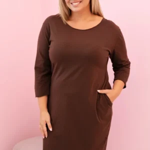 Moteriška Plus Size suknelė iš medvilnės su tiesiu siluetu ir 3/4 rankovėmis