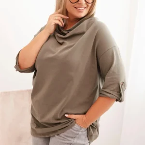 Moteriška Plus Size marškinėliai su medvilne laisvo kirpimo vandens iškirpte khaki