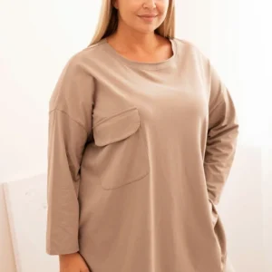 Moteriška Plus Size marškinėliai su medvilne, su kišene ir sukabintomis rankovėmis fango