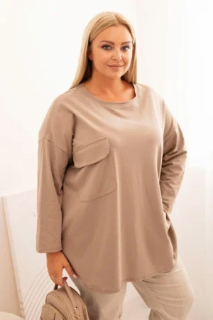 Moteriška Plus Size marškinėliai su medvilne, su kišene ir sukabintomis rankovėmis fango