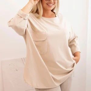 Moteriška Plus Size marškinėliai su kišene ir sukamu rankovėmis bežinė