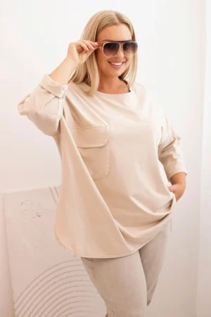 Moteriška Plus Size marškinėliai su kišene ir sukamu rankovėmis bežinė