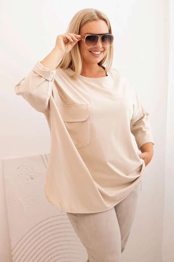 34178_3 Moteriška Plus Size marškinėliai su kišene ir sukamu rankovėmis bežinė