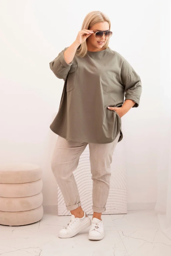 34180_1 Moteriška Plus Size marškinėliai su kišene ir suktomis rankovėmis khaki - Image 2