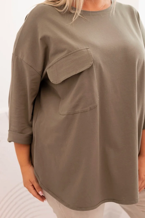 34180_4 Moteriška Plus Size marškinėliai su kišene ir suktomis rankovėmis khaki - Image 4