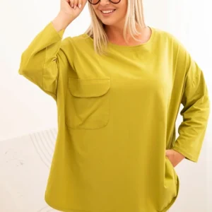 Moteriška Plus Size marškinėliai su medvilne, kišenė ir sukamu rankovėmis kiwi