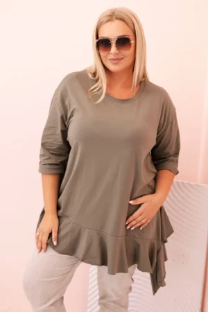 Moteriška Plus Size marškinėliai su medvilne, kišenė ir sukamu rankovėmis kiwi