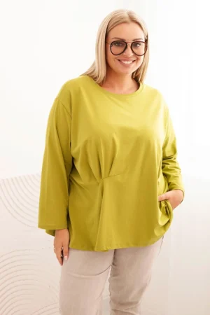 Moteriška Plus Size marškinėliai su medvilne, kišenė ir sukamu rankovėmis kiwi
