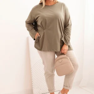 Moteriška Plus Size marškinėliai su medvilne, kišenė ir sukamu rankovėmis kiwi