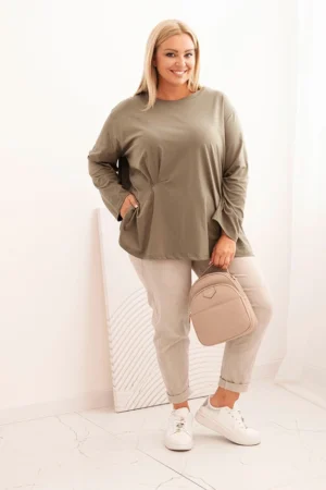Moteriška Plus Size marškinėliai su medvilne, kišenė ir sukamu rankovėmis kiwi