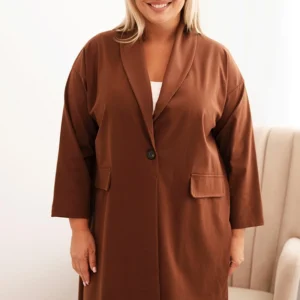 Moteriška Plus Size Punto megztinė su medvilne, užsegama mygtuku šokoladinė