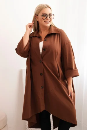 Moteriška Plus Size Punto palaidinė su medvilne ir šokoladiniais mygtukais czekoladowa