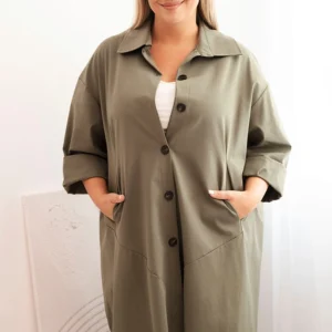 Moteriška Plus Size Punto striukė su medvilne ir mygtukais khaki