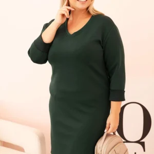 Moteriška suknelė Plus Size su V formos iškirpte ir rankovėmis tamsiai