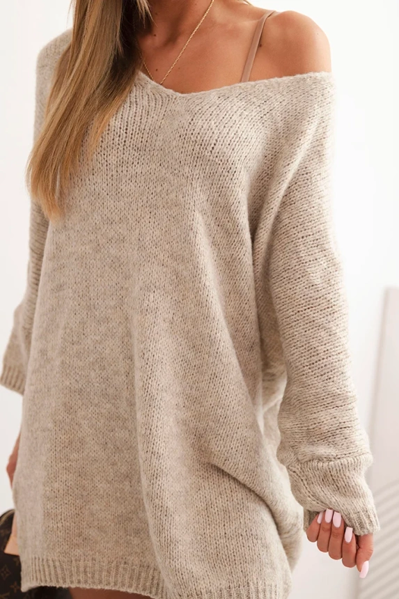 34466_3 Moteriška Plus Size suknelė vilnonė su V formos iškirpte tamsiai bežinė - Image 4