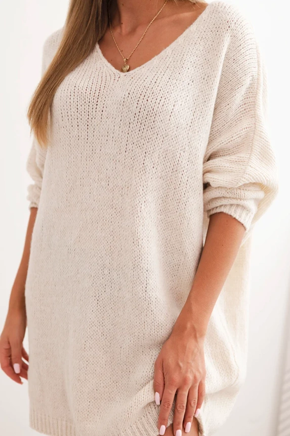 34471_3 Moteriška Plus Size suknelė vilnonė su V formos iškirpte šviesiai bežinė - Image 4