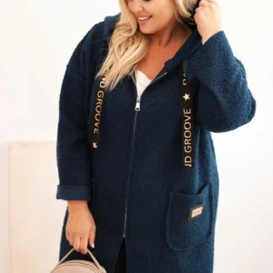 Moteriškas Plus Size paltas iš dirbtinio avikailio su gobtuvu ir kišenėmis granatinis