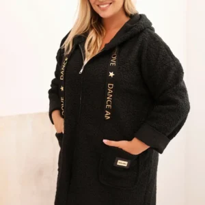 Moteriškas Plus Size paltas iš dirbtinio avikailio su gobtuvu ir kišenėmis