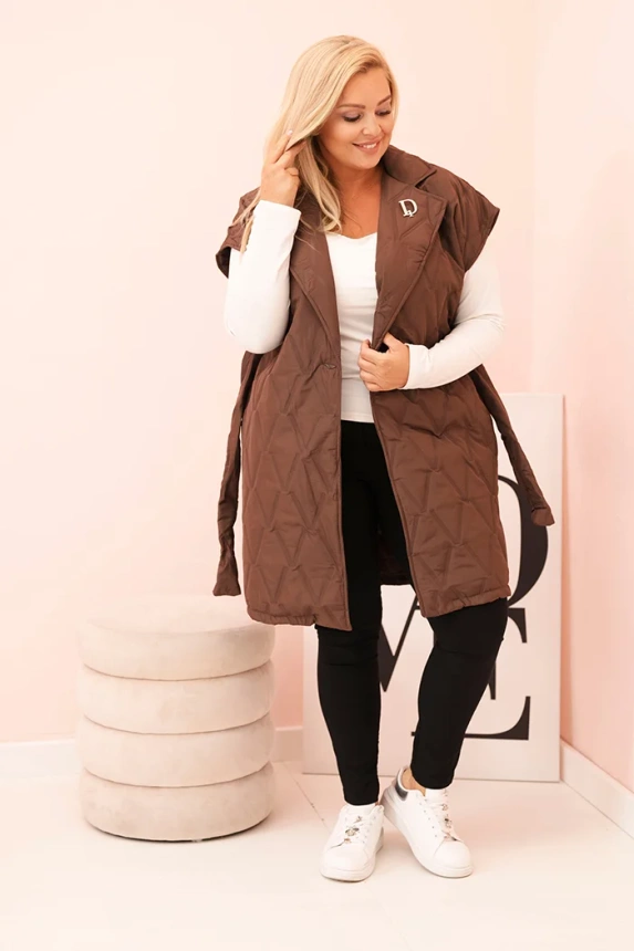 34510_1 Moteriška Plus Size pamušaluota liemenė su diržu ir apykakle šokoladinė - Image 2