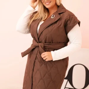 Moteriška Plus Size pamušaluota liemenė su diržu ir apykakle šokoladinė