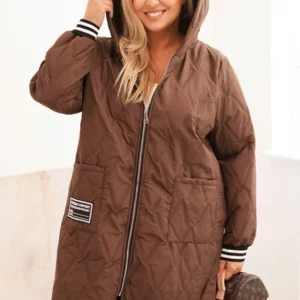 Moteriška Plus Size striukė su gobtuvu ir sportinėmis rankovėmis šokoladinė