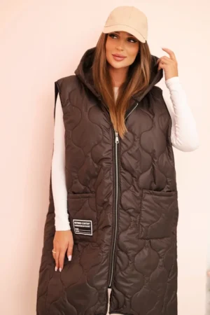 Moteriška pamušalinė liemenė Plus Size su gobtuvu, užsegama užtrauktuku mocca