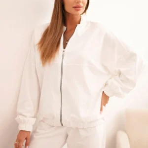 Moteriškas iš medvilnės su plačiomis kelnėmis ir užtrauktuku palaidine ecru