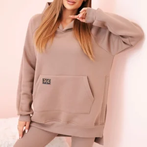 Moteriškas , medvilninė palaidinė su gobtuvu ir aukšto liemens legginsai fango