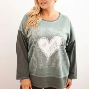 Moteriška Plus Size medvilninė palaidinė su širdies spauda ir raišteliais khaki