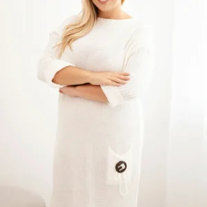 Moteriška plius dydžio megztinė su moheriu oversize su kišene ecru