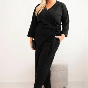 Moteriškas medvilninis kombinezonas Plus Size su juosmens raiščiu ir 3/4 rankovėmis