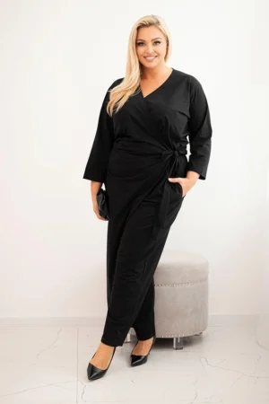 Moteriškas medvilninis kombinezonas Plus Size su juosmens raiščiu ir 3/4 rankovėmis