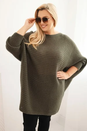 Moteriškas Plus Size megztinis su moheriu pončo khaki