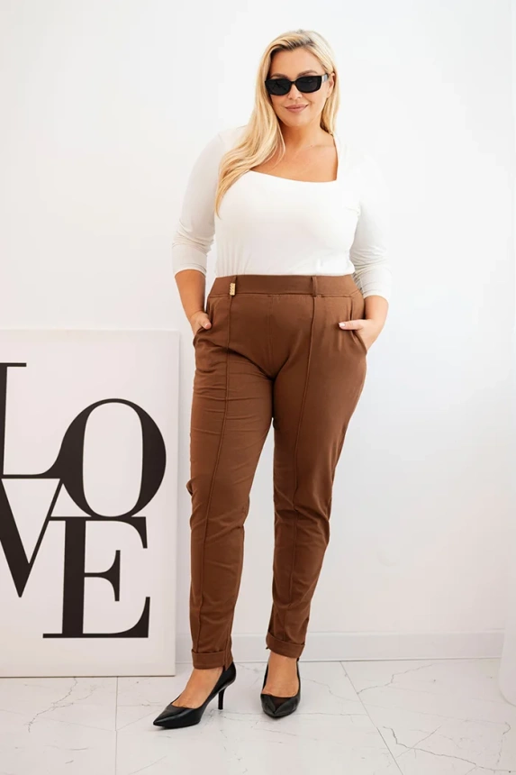 35011_1 Moteriškos medvilninės kelnės Plus Size su elastinga juosta kamelinės - Image 2