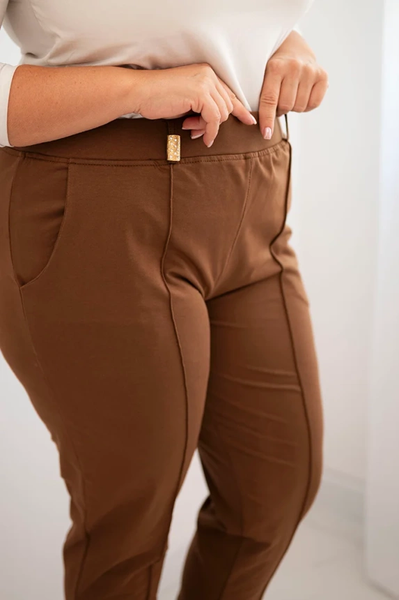 35011_4 Moteriškos medvilninės kelnės Plus Size su elastinga juosta kamelinės - Image 4