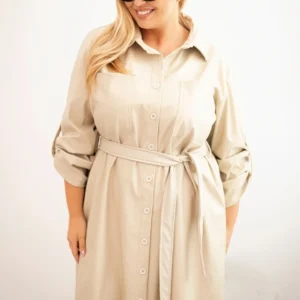 Moteriška suknelė iš eko-odos Plus Size su diržu ir apykakle bežinė