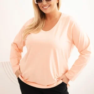 Moteriška bluzonė Plus Size su V formos iškirpte ir ilgomis rankovėmis persikų