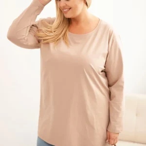 Moteriška Plus Size medvilninė palaidinė su apvaliu iškirpimu fango