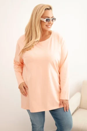 Moteriška Plus Size medvilninė palaidinė su apvaliu iškirpimu persikų