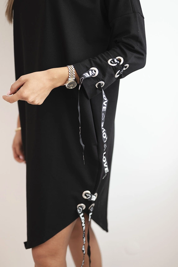 35151_2 Moteriška asimetrinė suknelė su dekoratyvinėmis juostelėmis ir 3/4 rankovėmis - Image 3