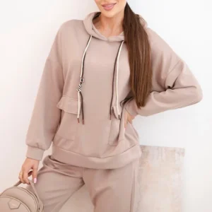 Moteriškas su gobtuvu ir kelnėmis su diržu šviesiai