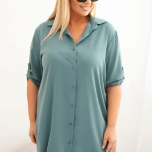 Moteriška marškininė suknelė Plus Size su ilgesniu užpakaliu ir pasukamais rankovėmis tamsiai