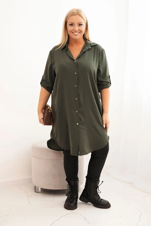 35218_1 Moteriška marškinių suknelė Plus Size su ilgesniu užpakaliu ir sukamu rankovėmis khaki - Image 2