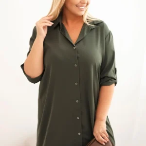 Moteriška marškinių suknelė Plus Size su ilgesniu užpakaliu ir sukamu rankovėmis khaki