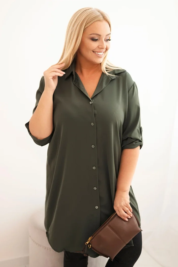 35218_3 Moteriška marškinių suknelė Plus Size su ilgesniu užpakaliu ir sukamu rankovėmis khaki